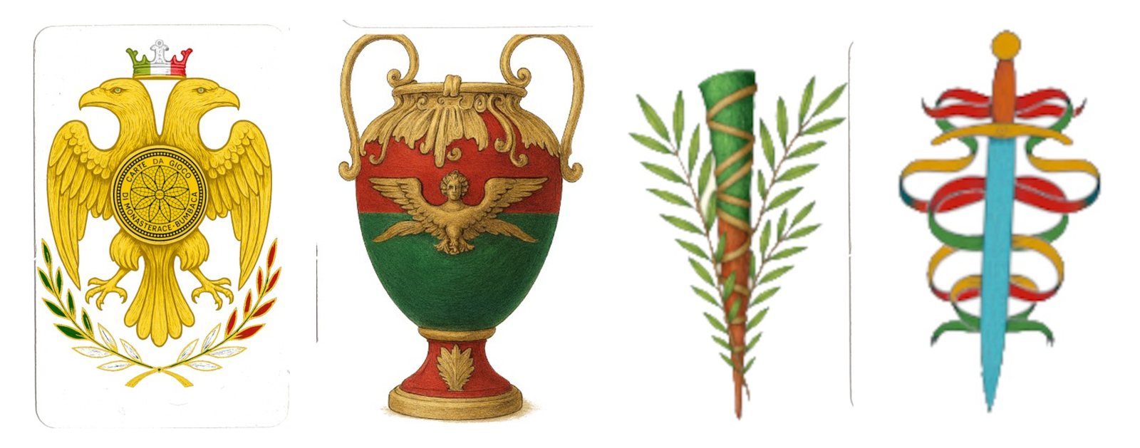 I quattro assi: aquila bicefala, vaso greco, ramo d’ulivo, spada con nastri